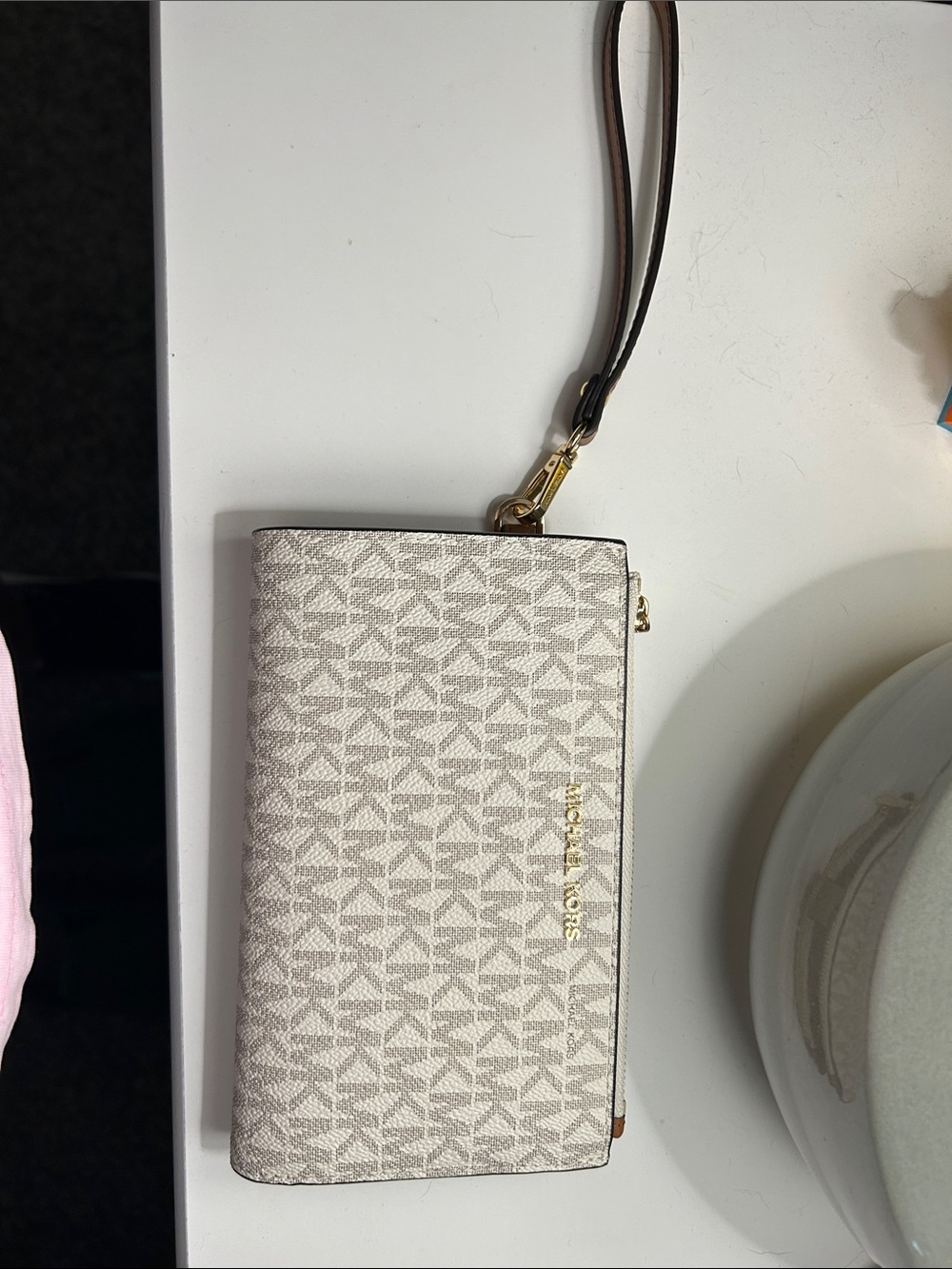 Michael Kors Neutral Beige Signature Wristlet Clutch with Gold Hardware